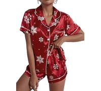 SANSIWU Womens Christmas Silk Satin Pyjamas Set Short Sleeve Sleepwear Two-Piece Pj Sets Xmas 2 Piece Holiday Pj Loungewear (Red, L)
