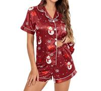 SANSIWU Womens Christmas Silk Satin Pyjamas Set Short Sleeve Sleepwear Two-Piece Pj Sets Xmas 2 Piece Holiday Pj Loungewear (Fuchsia, S)