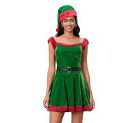 SANSIWU Women's Christmas Sleeveless Short Santa Dress Deluxe Mrs. Claus Fur Trim Costume Holiday Party Red Santa Belted Velvet Outfit (A-Green, L)