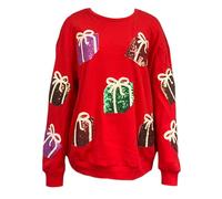 SANSIWU Women's Christmas Sweatshirt Loose Sequin Present Box Crew Neck Long Sleeve Oversized Pullover Tops Casual Streetwear (Red A, S)