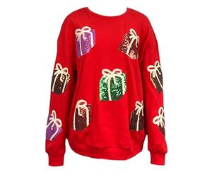 SANSIWU Women's Christmas Sweatshirt Loose Sequin Present Box Crew Neck Long Sleeve Oversized Pullover Tops Casual Streetwear (Red A, S)