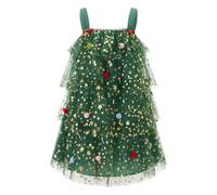SANSIWU Women's Christmas Tree Dress Tie Shoulder Strap Star Print Tiered Cake Sleeveless A-Line Tulle Dress Xmas Outfits Chirstmas Cosplay Costume (B-01, L)