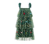 SANSIWU Women's Christmas Tree Dress Tie Shoulder Strap Star Print Tiered Cake Sleeveless A-Line Tulle Dress Xmas Outfits Chirstmas Cosplay Costume (Green, M)