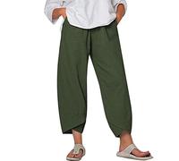 SANSIWU Women's Cotton Linen Casual Ninth Pants Straight Elastic Waist Pencil Pants Solid Color Leg Sculpting Cross Straight Pants with Pockets Yoga Pants (A-Army Green, L)