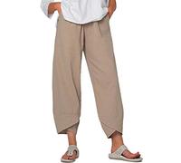 SANSIWU Women's Cotton Linen Casual Ninth Pants Straight Elastic Waist Pencil Pants Solid Color Leg Sculpting Cross Straight Pants with Pockets Yoga Pants (A-Apricot, L)