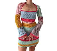 SANSIWU Women's Crochet Cutout Mini Dress Contrast Stripe Long Sleeve Dress Y2K Square Neck Body Wrap Hip Dress Sexy Club Apparel Streetwear (A-Colorful, M)