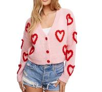SANSIWU Women's Crochet Heart Shape Knit Cardigan Long Sleeves V Neck Button Up Sweater Fall Winter Loose Fit Casual Knitwear (A-Pink, L)