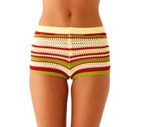 SANSIWU Women's Crochet Knit Cover Up Shorts Y2k Colorful Low Rise See Through Striped Micro Shorts Summer Beach Poolside (Yellow, M)