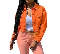 SANSIWU Women's Cropped Denim Jacket Buttoned Long Sleeve Lapel Jacket Distressed Shredded Hem Jacket Solid Color Jeans Top90s Streetwear (A-Orange, S)