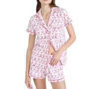 SANSIWU Womens Cute Rabbit 2 Piece Pajamas Sets Short Sleeve Button Shirt with Shorts Pjs Set Easter Loungewear Nightwear (A-Red, S)