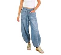 SANSIWU Women's Elastic Waist Tie Up Baggy Jeans Solid Color Mid Rise Wide Leg Denim Pants Loose Fit 4 Pockets Casual Boyfriend Trousers (A-Light Blue, L)