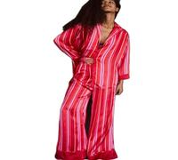 SANSIWU Women's Fall Loungewear Set Stripe Print Long Sleeve Lapel Button Tops+Long Pants 2 Pieces Sleepwear Loungewear Outfits (A-03, M)