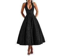 SANSIWU Womens Floral Jacquard Halter Dress Elegant Low Cut Sleeveless A-line Long Dress Formal Evening Party Prom Gowns (A-Black, S)