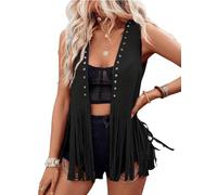 SANSIWU Women's Fringe Vest 70s Hippie Sleeveless Faux Suede Rivets Tassel Vest Waistcoat Cowgirl Western Jacket Cardigan (A-black, XL)