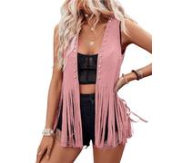SANSIWU Women's Fringe Vest 70s Hippie Sleeveless Faux Suede Rivets Tassel Vest Waistcoat Cowgirl Western Jacket Cardigan (A-Rose Red, L)