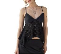 SANSIWU Women's Front Slit Hem Floral Lace Camisole Ruched Ruffle Frills Sleeveless Tank Vest Low Cut V Neck Tie Up Flowy Tops (G-Black, M)
