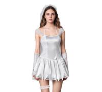 SANSIWU Women's Ghost Bride Mini Mesh Dress Halloween Sweetheart Neck Ruffle Short Sleeve Dress Vampire Zombie Headband Cosplay Set (D-Gray, M)
