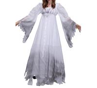 SANSIWU Women's Ghost Costume Bride Halloween Corpse Bride Cosplay Maxi Dress Party Outfit for Adult (White, L)