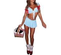 SANSIWU Womens Halloween Dorothy Dress Up Costume Sleeveless Ruffle Crop Top Mini Plaid Skirt Party Cosplay Dress (Blue, L)