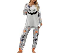 SANSIWU Women's Halloween Pajamas Set Ghost Pumpkin Print Long Sleeve Round Neck Tops+Elastic Waist Long Pants Loungewear