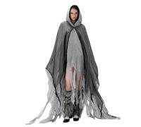 SANSIWU Women's Halloween Ripped Witch Cloak Adults Terrifying Reaper Ghost Cape Medieval Renaissance Scream Grim Cosplay Outfits (A-Gray, One Size)