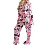 SANSIWU Women's Halloween Silk Pajama Set Ghost Pumpkin Print Flare Sleeve Button Closure Top with Bell Bottom Pants Sleepwear (Pink, S)