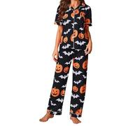 SANSIWU Women's Halloween Silk Pajama Set Pumpkin Button Down Short Sleeve Long Pants Pjs Set Sleepwear Lounge Set (Black, M)
