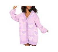 SANSIWU Women's Heart Print Cardigan Cute Love Heart Print Long Sleeve Open Front Y2K Button Down V Neck Chunky Sweater Outwear (Purple, L)