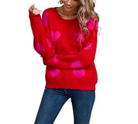 SANSIWU Women's Heart Print Pullover Sweater Long Sleeve Round Neck Ribbed Cuffs Knit Top Fall Winter Crop Length Loose Casual Knitwear (A-Rose Red, XL)