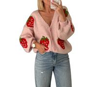 SANSIWU Women's Kawaii Strawberry Embroidery Cardigan Y2K Knitted Streetwear Long Sleeve V Neck Button Down Crop Cardigan Sweater (Pink, L)