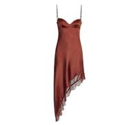 SANSIWU Women's Lace Trim Satin Cami Dress Y2k V Neck Spaghetti Strap Irregular Hem Chemise Tie Backless Flowy Silky Layering Tops for Daily Party (A-Dark Brown, L)