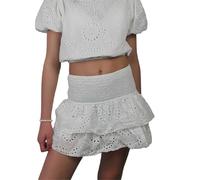 SANSIWU Women's Layered Ruffle Mini Skirts Cut Out Floral Shirred Short Party Skirts Casual Elastic high Waist Flowy A Line Skirts (A-White, S)