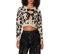 SANSIWU Women's Leopard Print Knit Cardigan Long Sleeve Front Bow Tie Closures Sweater Round Neck Loose Fit Knitwear Tops (A-Ivory, M)