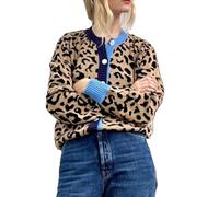 SANSIWU Women's Leopard Print Long Sleeve Button Down Cardigan Sweaters Cheetah Crew Neck Knit Cardigan Fall Outwear Coats (A-Blue, L)