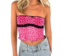 SANSIWU Women's Leopard Print Strapless Tube Top Mesh Sleeveless Off Shoulder Cheetah Print Summer Y2k Crop Bandeau Top (A-Pink, M)