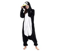 SANSIWU Women's Men's Adult Animal Costume Jumpsuit Long Sleeves Plush Pajamas Button Up Onesie Flannel Cosplay Costume (A-Penguin, S)
