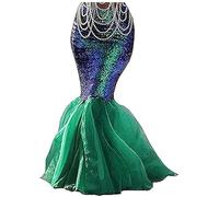 SANSIWU Women's Mermaid Tail Costume Sequin Maxi Skirt Metal Holographic Scales Print Slim fit Mermaid Skirt with Pearl Chain for Cosplay Party (A-Green1, S)