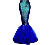 SANSIWU Women's Mermaid Tail Costume Sequin Maxi Skirt Metal Holographic Scales Print Slim fit Mermaid Skirt with Pearl Chain for Cosplay Party (A-Blue1, M)