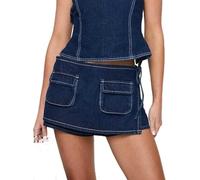 SANSIWU Womens Mini Cargo Skirts Y2k Denim Skirt with Pockets Low Waist Button Jean Skirts Vintage Short Bodycon Skirts with Pockets (Dark Blue, M)