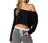 SANSIWU Women's Off the Shoulder Cropped Sweatshirt Long Sleeve Asymmetrical Neck Oversized Crop Top (Black, M)