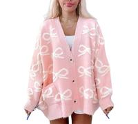 SANSIWU Women's Oversized Bow Cardigan Fashion Long Sleeve V Neck Button Down Open Front Sweater Cardigans Cute Knit Sweater Outwear (Pink, S)