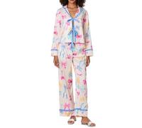 SANSIWU Women's Pajama Set,Frill Trim Lapel V Neck Bow Tie Up Tops+ Elastic Waist Long Pants 2 Piece Set For Fall Loungewear (Multi-color, S)