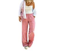 SANSIWU Women's Pink Plaid Print Gingham Comfy Lounge Pants Elastic Waist Trousers with Pockets Cute Pj Pants Baggy L for Work Office (L)