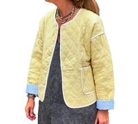 SANSIWU Women's Quilted Jacket Contrast Trim Round Neck Long Sleeve Button Down Winter Coat with Pockets Casual Streetwear (H-Yellow, XL)