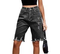 SANSIWU Womens Ripped Denim Bermuda Shorts High Waist Raw Hem Stretchy Short Jeans Knee Length Casual Denim Jean Short (A-Dark Grey, S)