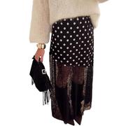 SANSIWU Womens Satin Skirt High Waisted Silk Lace Patchwork Polka Dot A-line Wedding Elegant Elastic Midi Skirt (Black, S)