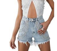 SANSIWU Women's Sequin Rhinestone Pearl Denim Shorts Fringe Tassel Jean Shorts Frayed Raw Hem Fashion Pants with Pockets (A-Light Blue, M)