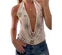 SANSIWU Women's Sexy Deep V Neck Top Soilid Color Sleeveless Open Back Halter Neck Tank Vest Fashion Y2k Slim Fit Casual Clubwear (E-Light Brown, L)