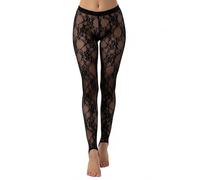 SANSIWU Women's Sexy Floral Lace Mesh Stirrup Leggings Slim Fit High Waist Tummy Hips Footed Pants See-through Fishnet Tights Trousers (A-Black, L)