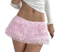 SANSIWU Womens Sexy Lace Mini Skirts Low Waist Bow Mesh Layered Ruffle Micro Skirt Coquette Going Out A Line Skirt Skort (A-Pink, L)